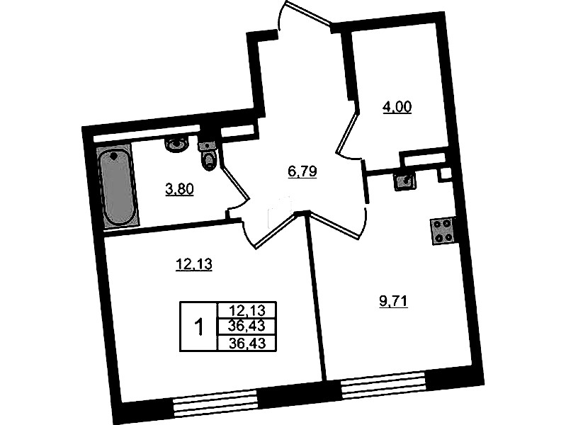 1-комнатная квартира 36.43 м², 8/11 эт., ЖК «Квартал Лаголово»